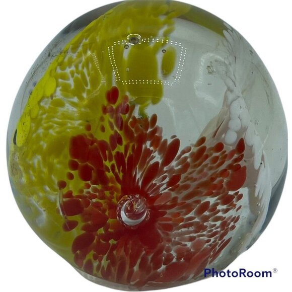 Handcrafted Vintage Glass Paperweight Intricate Yellow Red White Floral Design - Picture 4 of 4